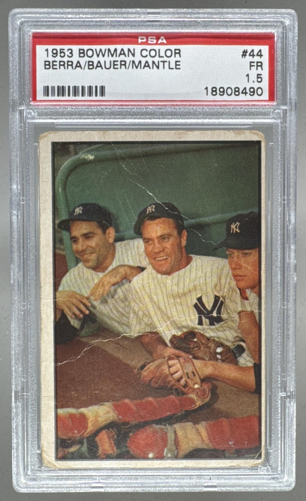 18908490 Hank Bauer Yogi Berra Mickey Mantle 1953 Bowman Color #44 PSA 1.5