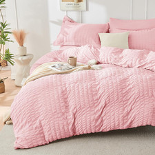 Pink Duvet Cover Queen Size, Ultra Soft 3-Piece Seersucker Duvet Cover Set with