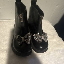 Girls' Black Quilted Patent Leather Ankle Boots Rhinestone Bow Zip Flat