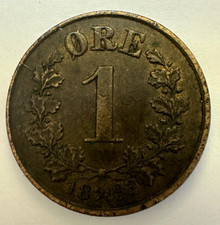 1893 Norway One 1 Ore Coin, 16mm, XF Extremely Fine