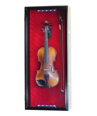 Violin Display Case Ukulele Fiddle Mandolin Black Wood Cabinet Wall Holder LED