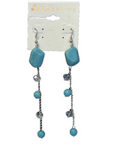 Faux Turquoise Clear Bead Dangle Earrings Boho Long Silver Tone Chain Drop Hooks