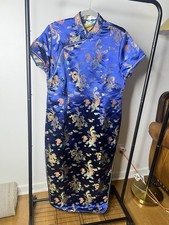 Blue Satin Dragon Cheongsam Qipao Dress Mandarin Collar Frog Closure Long 12