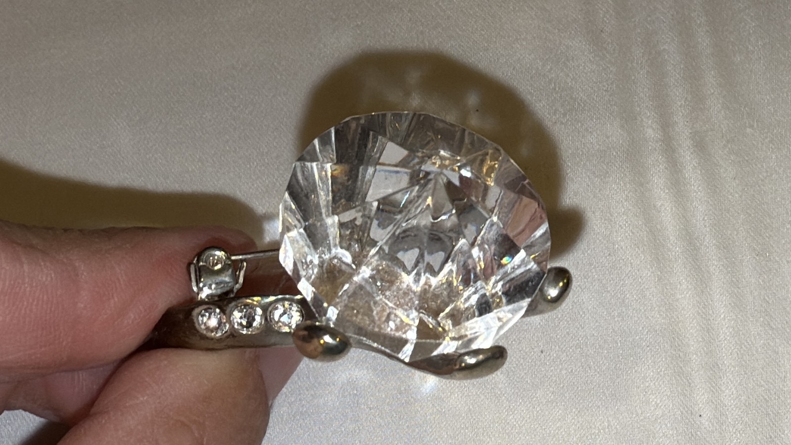 Silver Tone Large Solitaire Diamond Shape Crystal… - image 4