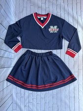 Shein Girls Navy Blue Red White Striped Logo Skirt Top Set Size 9 Years NWOT