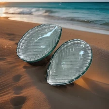 Set of 2 1970s Ecoglass Leaf Shaped Green Recycled Glass Dishes Serving Plates