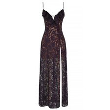 House of CB London MALIA NIGHT Shade Lace Maxi Dress Plum Ruffle Slit Formal S