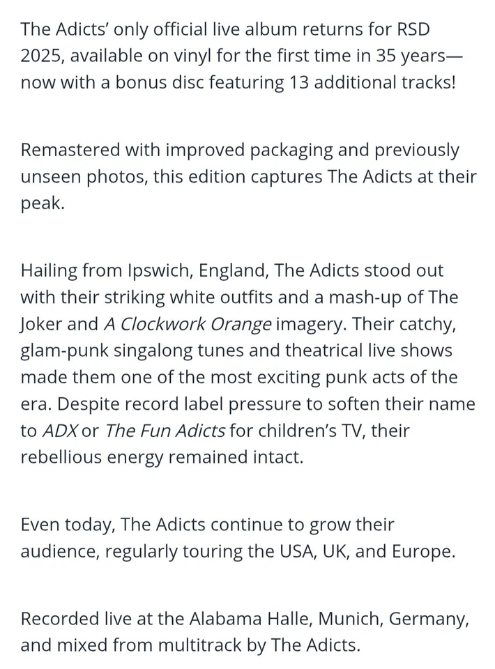 The Adicts- Rockers Into Orbit RSD 2025 LTD EDT Milky White Vinyl 2LP MINT - Image 2 of 4