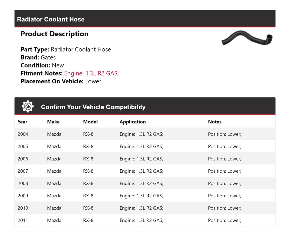 Manguera de refrigerante de radiador de gas para Mazda RX-8 2004-2011 1,3 L R2 2005 2006 Foto 2 de 4