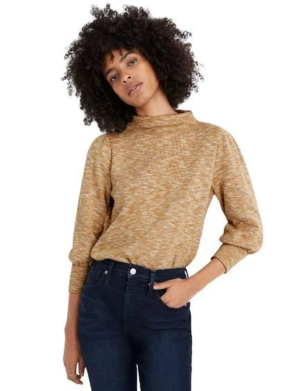 Madewell Top Blouse Gathered Sleeve Mockneck 3/4 Sleeve Knit