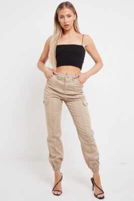 Cicay Women's Combat Trousers Cargo Pants Cuffed Bottoms Pockets Slim Fit Jogger