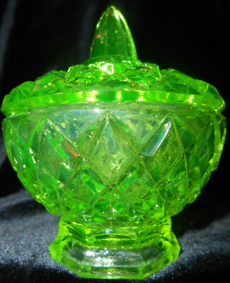 Green Vaseline Uranium glass covered candy dish coffee sugar jar cracker mustard