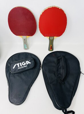 Lot of (2) Vintage JUIC & Tibhar Ping Pong Paddles w/Cases + Balls