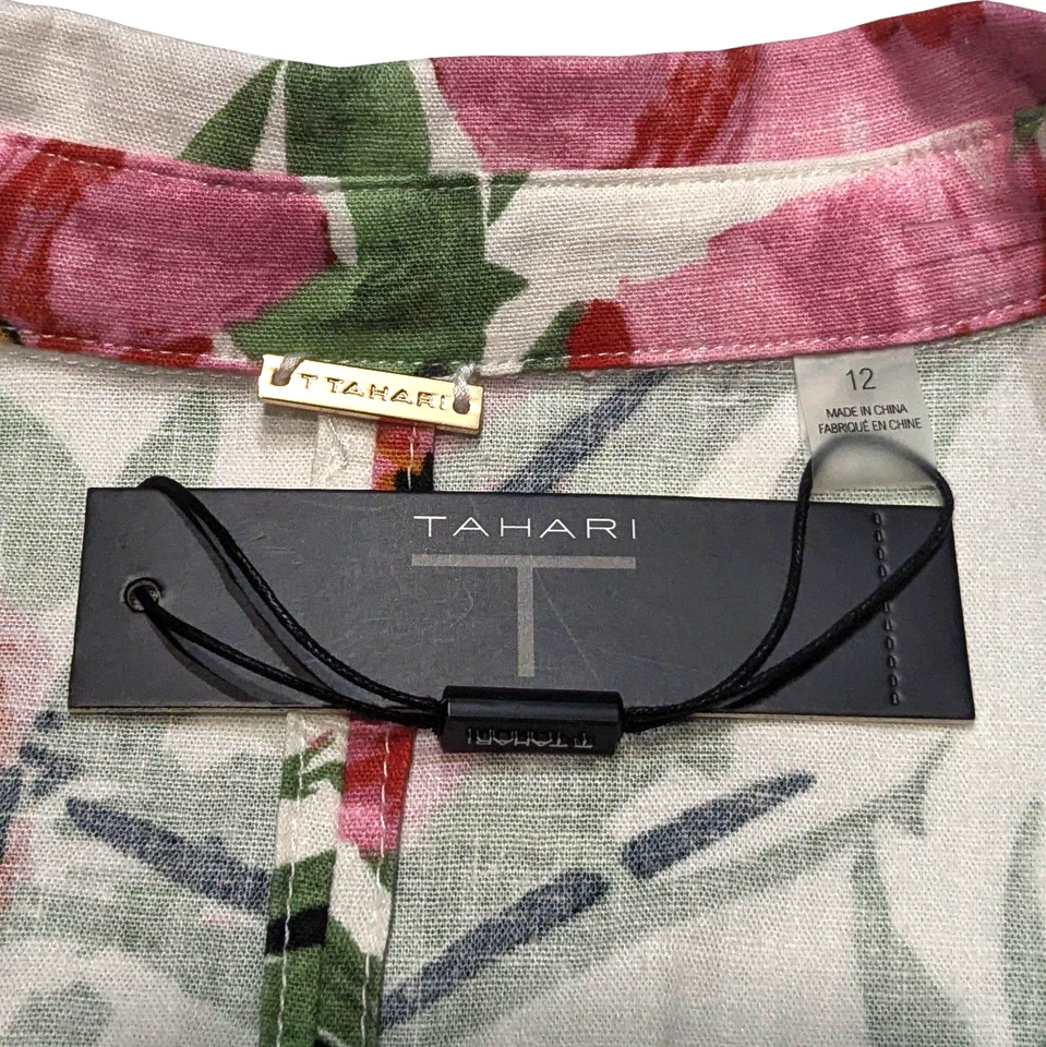 Tahari Pink Floral Linen Blend A-Line Dress Size 12 Sleeveless Colorful NWT $98 - Image 3 of 4
