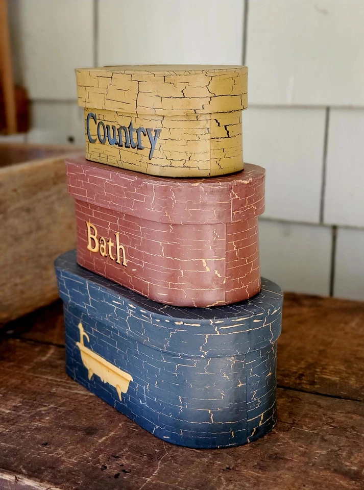 Primitive Stacking Boxes Country Bath Paper Mache Set of 3 Bathroom Decor - Image 2 of 4
