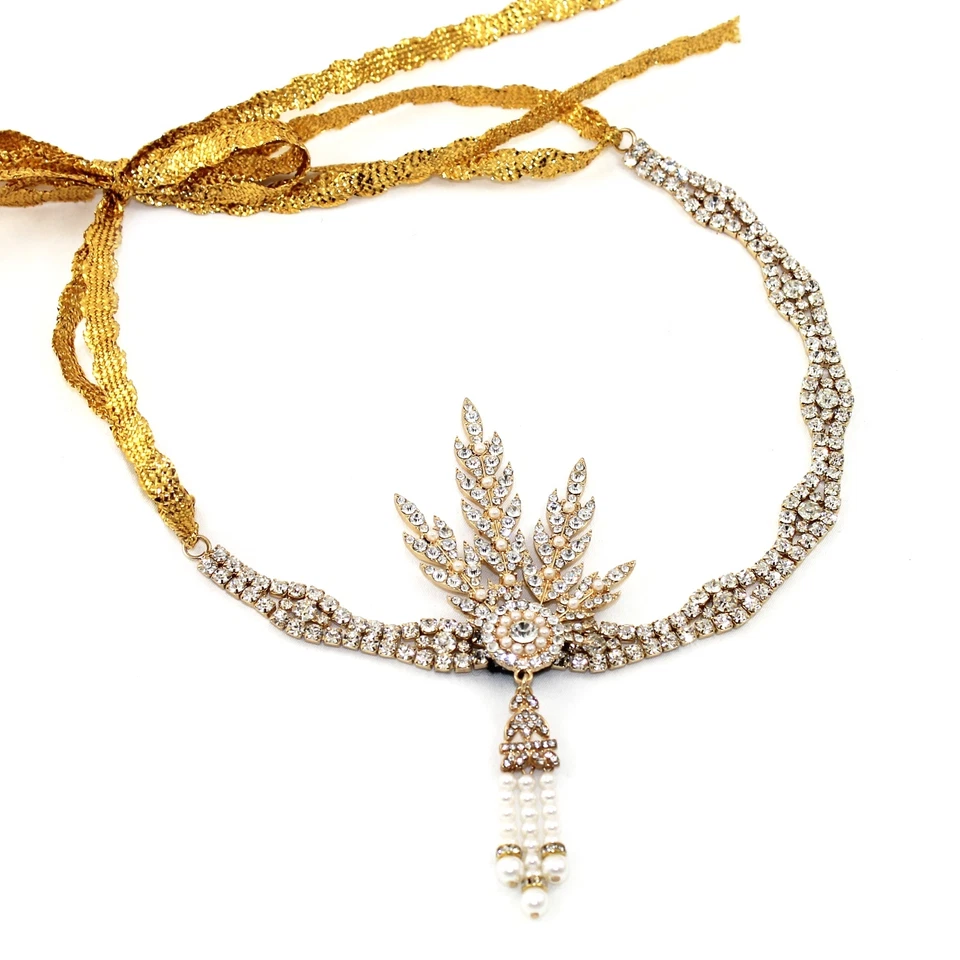 Kristin Perry Años 20 Gran Gatsby Inspirado Hoja Medallón Perla Tocado  Foto 3 de 4