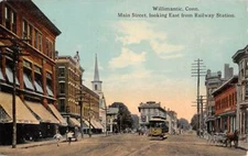 WILLIMANTIC, CT, MAIN ST, STORES, TROLLEY, LEIGHTON & VALENTINE PUB used 1912