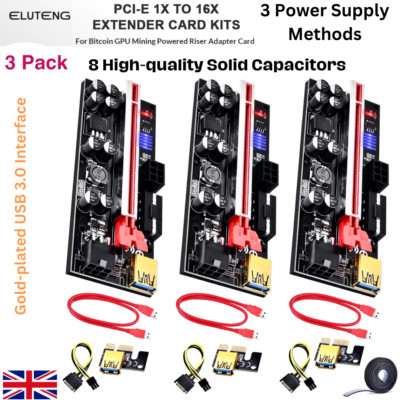 3x PCI-E Riser Karte PCIe 1x auf 16x USB 3.0 Datenkabel Bitcoin Mining UK VER009C