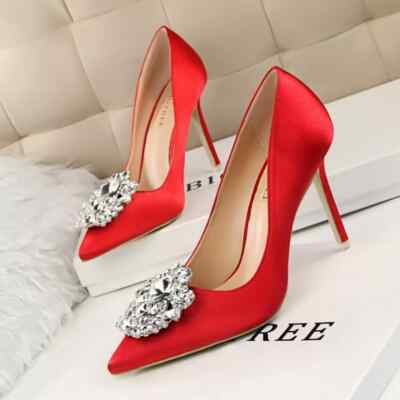 Pumps Damenschuhe Absatz Stilett Rot Satin 10 CM Leder Kunststoff 90557