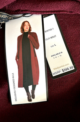 NWT $368 Max Studio Womens L Long Red Open Front Sweater Duster Cardigan Coat