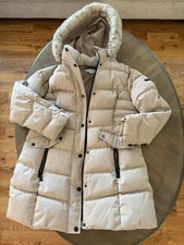 Women's Beige Quilted Hooded Long Puffer Coat with Faux Fur Trim and Zip Closure