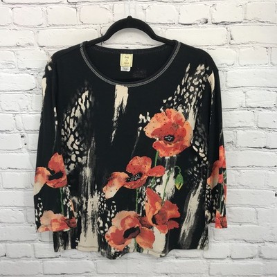 Jess & Jane Top Womens Medium Black Beaded Floral 3/4 Sleeve Blouse Cotton