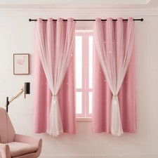 Pink Curtains For Girls Bedroom Kids Baby Room Decor Cute Double Layer Star Cuto