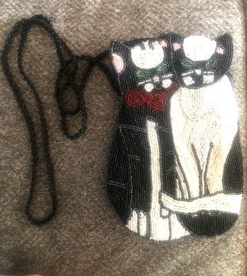 FABULOUS VTG Glass Beaded CAT Kitty Crossbody  Purse Shoulder Bag