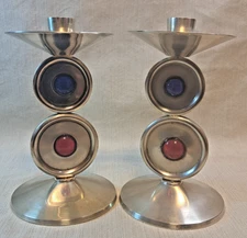 Vintage Modernist Silver Metal Candlestick Pair w/ Blue & Red Glass Inserts