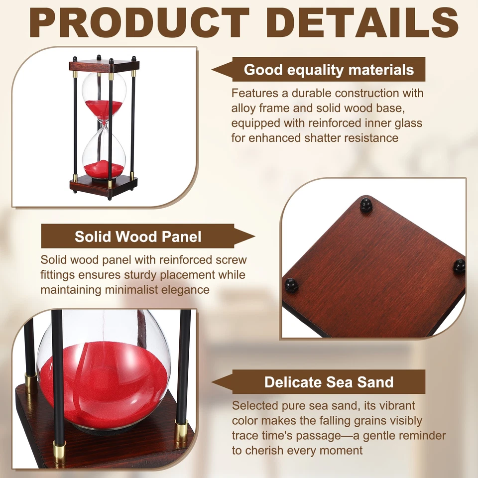 Большой декоративный песочный таймер, 60 мин современный деревянный часовой стакан, красный (стиль 2) - Изображение 3 из 4