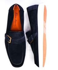 $1,060 Santoni Navy Blue Suede "SUMMER WALK" Loafer US 9 (8UK)