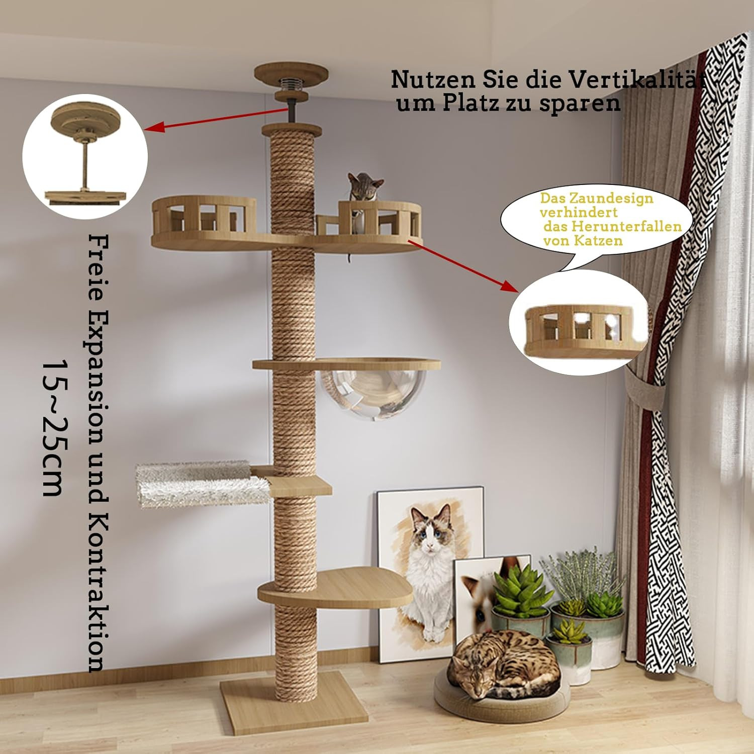 Arbre à chat solide réglable avec hamac douillet et capsule suspendue