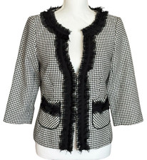 White House Black Market Black  White Tweed Fringe Blazer Jacket Size 6
