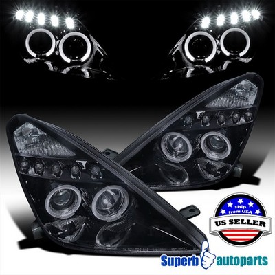Fits 2000-2005 Toyota Celica Projector Headlights Halo LED Glossy Black Smoke
