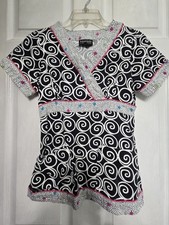 Rampage Scrub Top Size XS-Black/White Swirls Floral Neckline-Chest 17.5"/L 24.5"