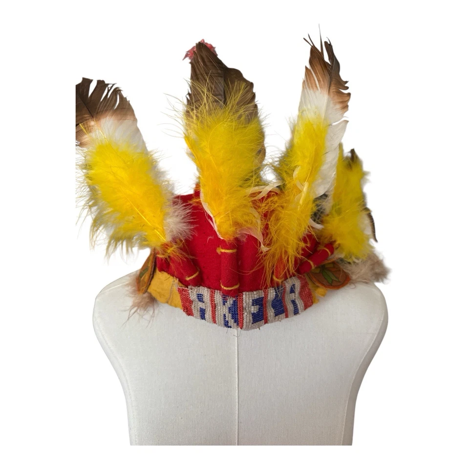 Yellow Feather Headdress VTG Replica Beaded Headband Festival Costume 64” Long - Image 4 of 4