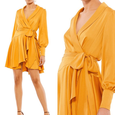 NEW Mac Duggal V Neck Long Sleeve Wrap Satin Mini Dress Marigold