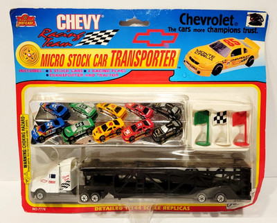 Chevy Micro Stock Car Transporter 5 Cars Flags NASCAR Racing Chevrolet NEW