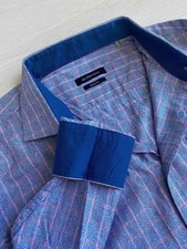 Bugatchi Blue Pink Stripes with Subtle Swirl Print Men Dress Shirt Size XL Work