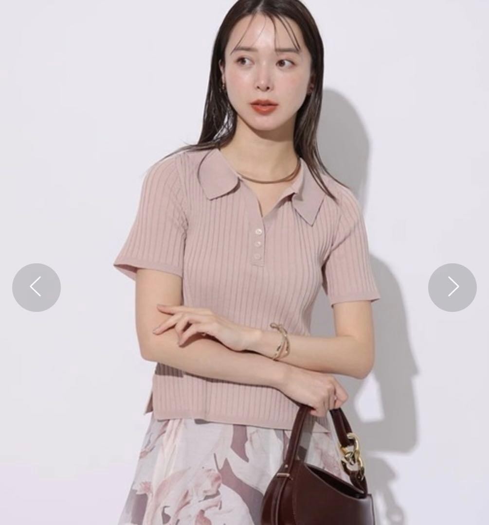 Mystrada Polo Rib Knit Top Pink Beige Size 38 Short Sleeve