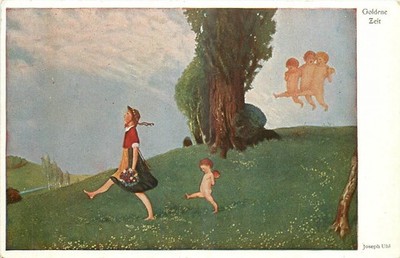c1910 Cupids following woman artist impression Postcard 25-11165