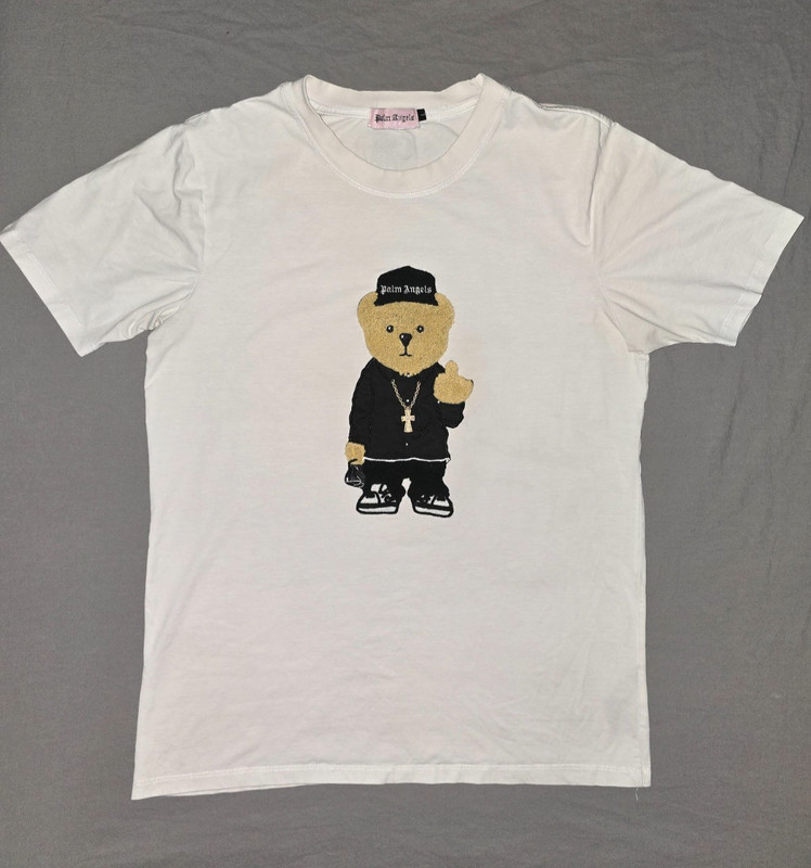 Palm Angels T-Shirt With Chenille Teddy Bear Patch Rasing His Middle Finger  LG