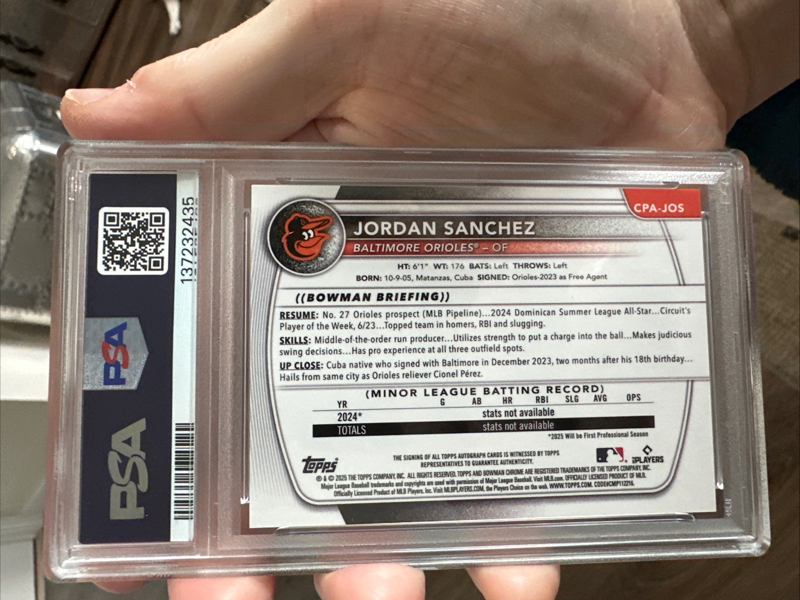 2025 BOWMAN CHROME JORDAN SANCHEZ /150 PROSPECTS AUTO REPTILIAN PSA 9