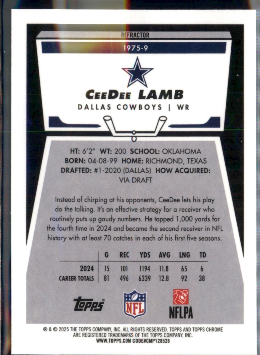 2025 Topps Chrome Football #1975-9 Refractor Insert CeeDee Lamb