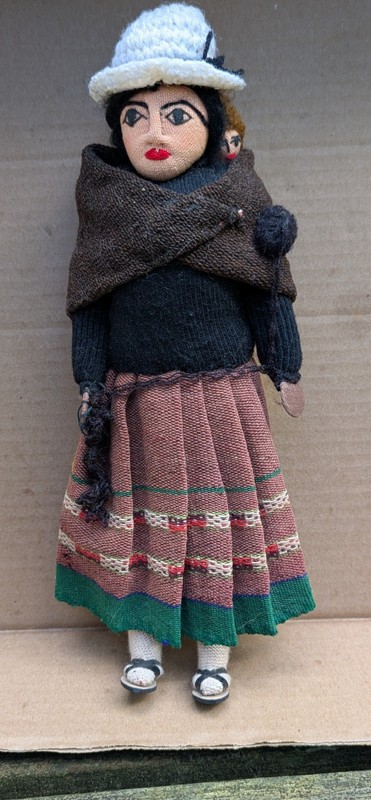 Vintage Peruvian Folk Art South American Traditional Dress Mama Doll w/ Baby 11"