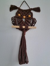 Macrame Owl Wall Hanging, Handmade, 12" x 6", Brown, Wood Beads