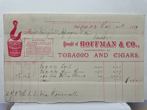 1889 Hoffman & Co. Tobacco & Cigars Invoice Red Hook NY Document