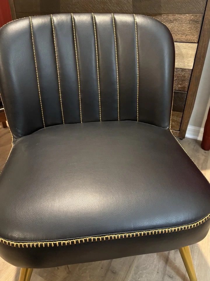 Black Accent Chair With Gold Stitching And Gold Legs. - Image 3 of 4