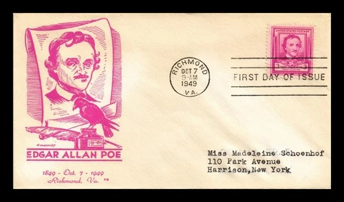 US COVER EDGAR ALLAN POE FIRST DAY ISSUE SCOTT 986 MCCAWLEY CACHET