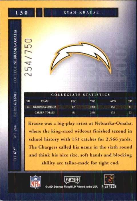 2004 Playoff Honors #130 Ryan Krause RC /750 - NM-MT - Image 2 of 2